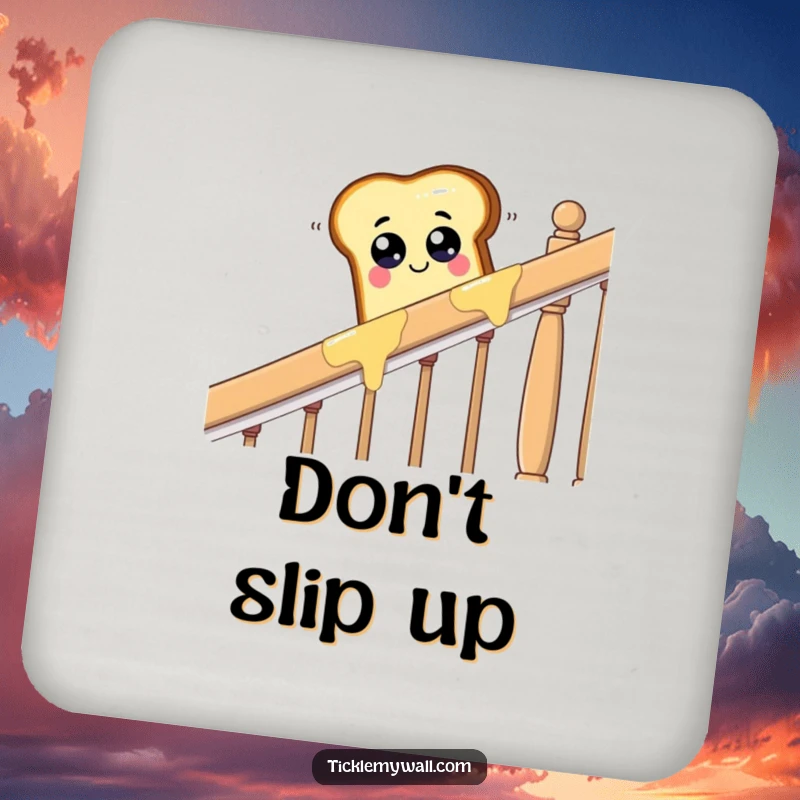 Funny piece of toast with googly eyes sliding down a buttered banister, a humorous and functional drink coaster.