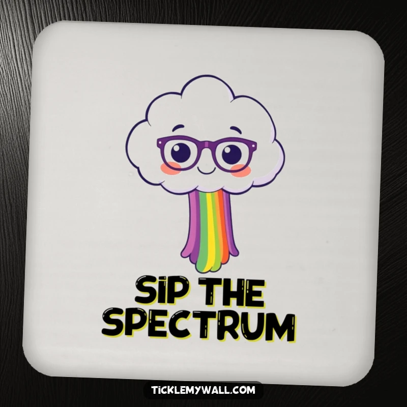 Funny, happy cloud illustration with eyeglasses, spilling a colorful rainbow, serving as a protective drink coaster.