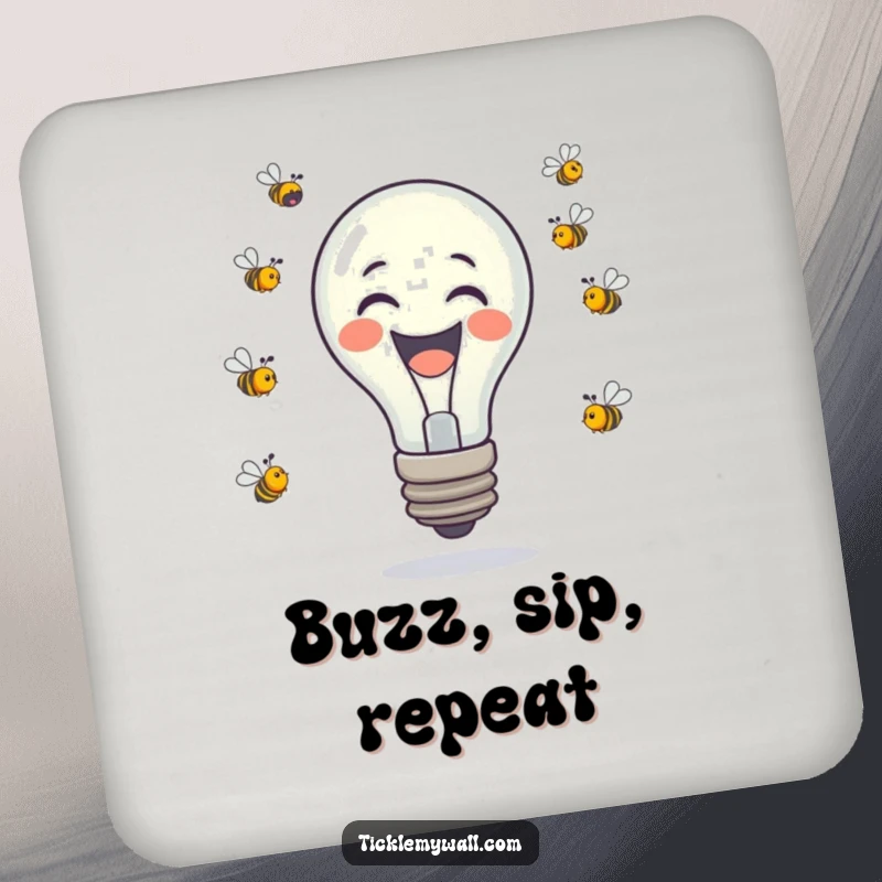 Funny laughing lightbulb juggling tiny buzzing bees on a drink coaster, a small but humorous addition.
