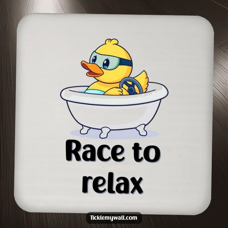 Funny drink coaster with a rubber duck aggressively steering a bathtub like a race car, perfect for a fun setting.
