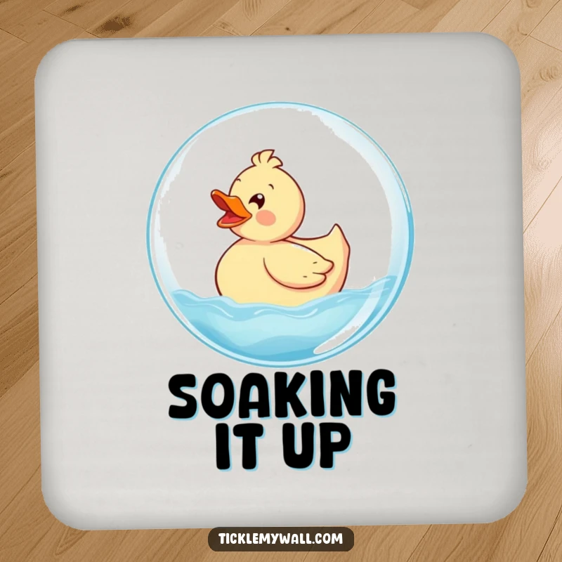 Funny Rubber Ducky Coaster depicting a delighted ducky riding a giant bubble, protecting surfaces with whimsical charm.