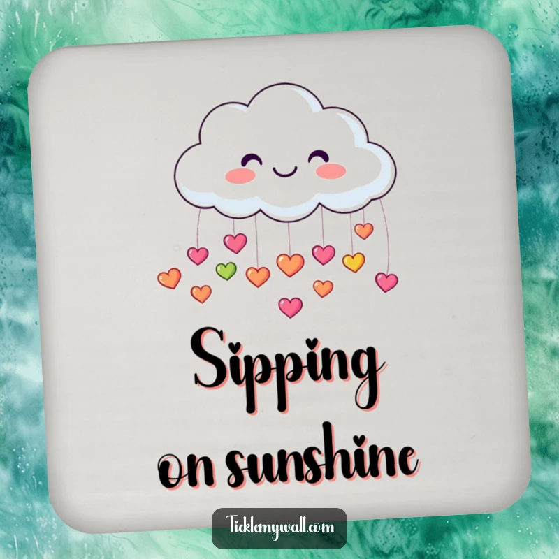 Funny set of drink coasters featuring a smiling cloud raining small, colorful, bouncing hearts, protecting surfaces cheerfully.