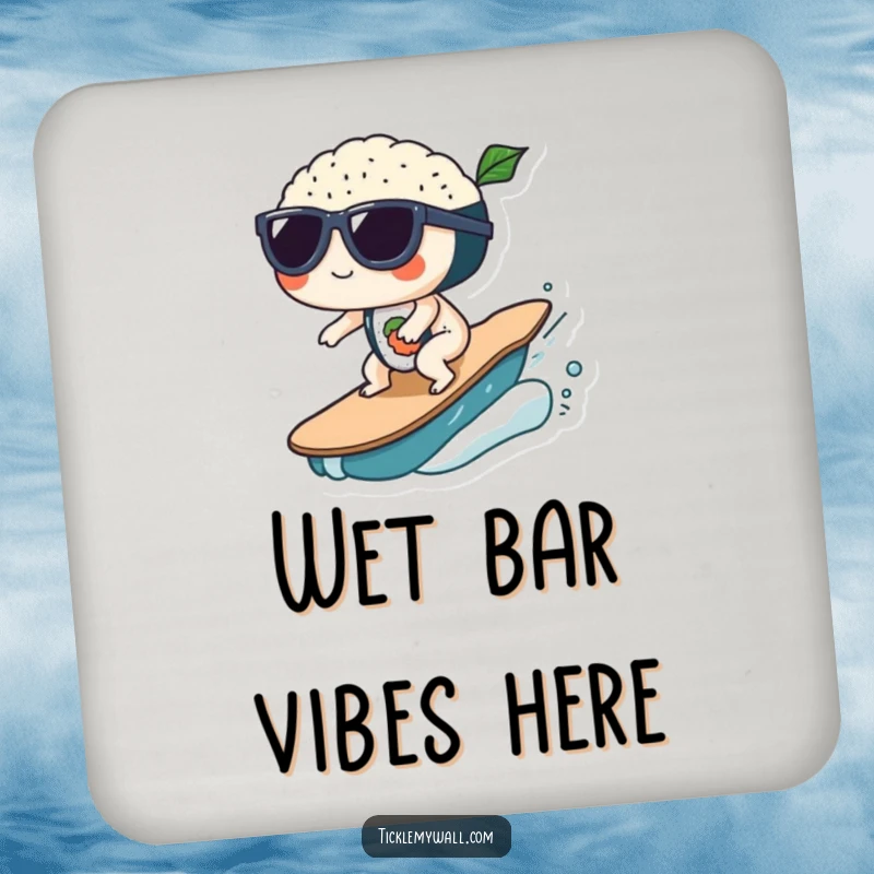 Funny Sushi Wave Sunglasses Coaster: Sushi with sunglasses surfs a wave, a funny coaster for drinks.