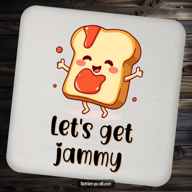 Funny dancing slice of toast with jam splattering playfully, on a decorative and humorous drink coaster.