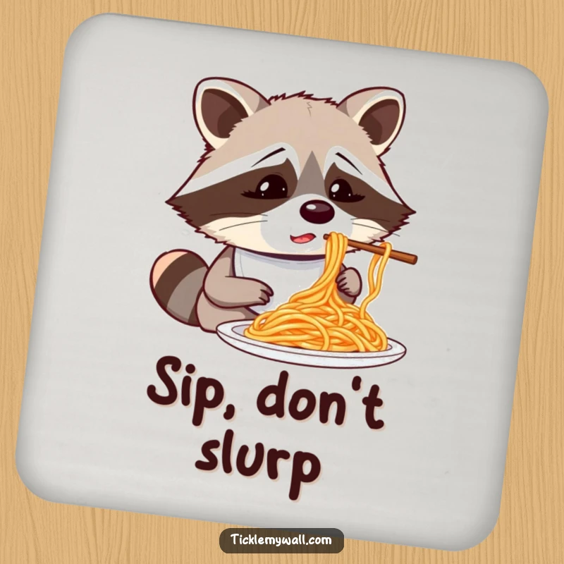 Funny confused raccoon wearing a bib attempting to eat spaghetti with chopsticks, a humorous and functional drink coaster.