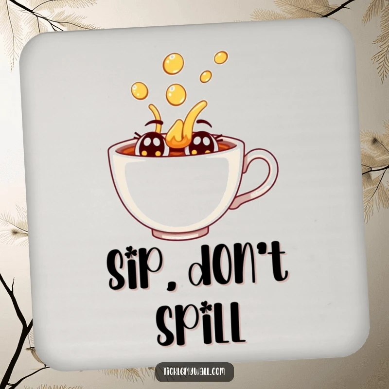 Funny joyful teacup with eyes spilling tea dramatically on a protective drink coaster.
