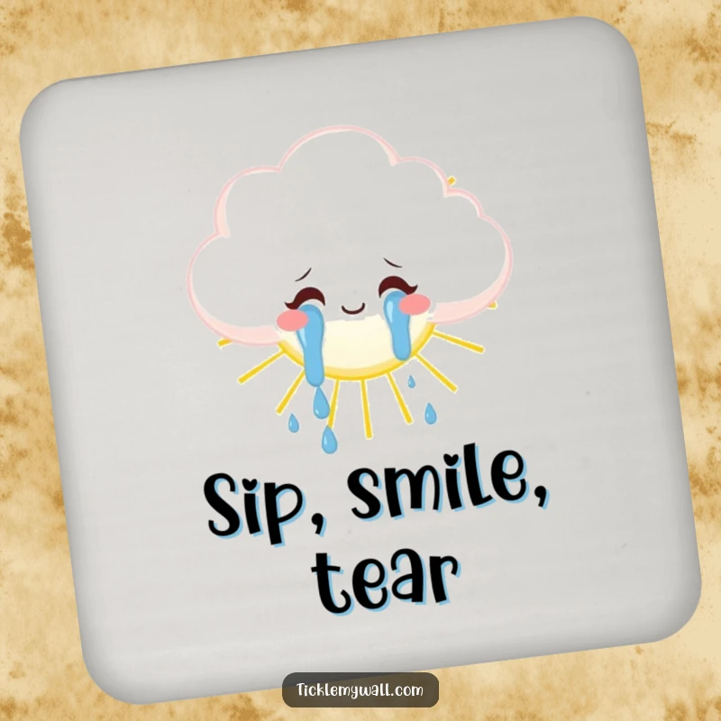 Funny fluffy cloud weeping tears of joy onto a sun, whimsical coasters, adds happiness to home decor.