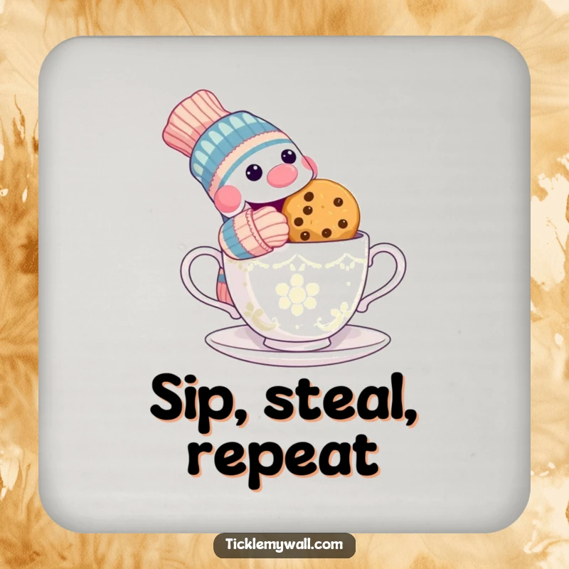 Funny drink coaster featuring a mischievous sock puppet stealing a cookie from a surprised teacup, a humorous surface protector.