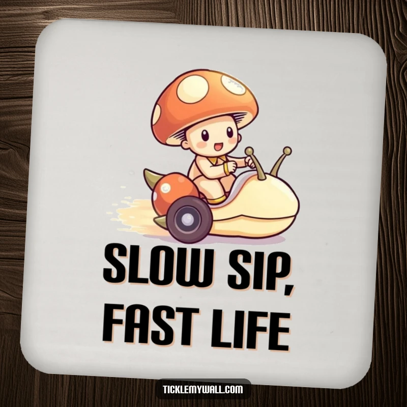 Funny Mushroom Snail Coaster, a mushroom riding a snail like a race car, protecting surfaces with humor.