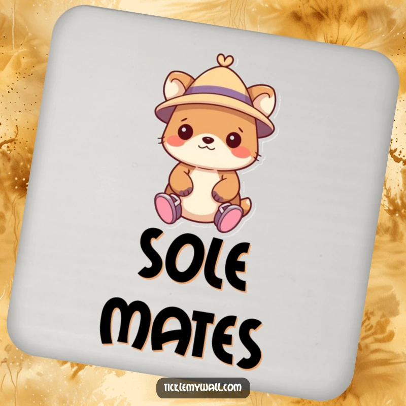 Funny drink coaster with an amusing animal illustration wearing a hat and shoes on its hands.