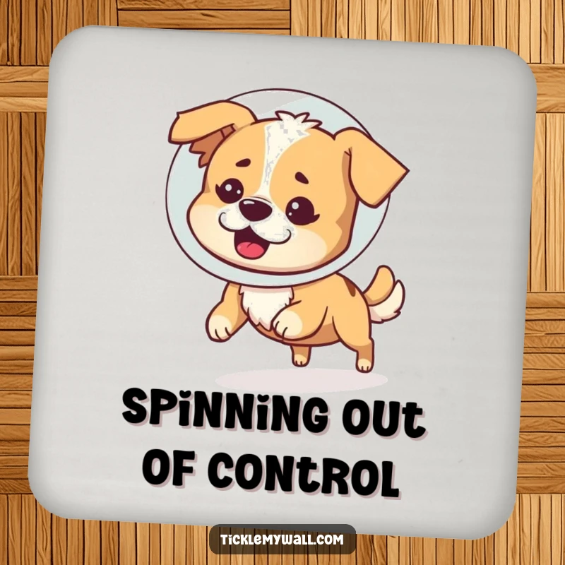 Funny set of drink coasters featuring a bewildered dog in a cone of shame comically chasing its tail, protecting surfaces humorously.