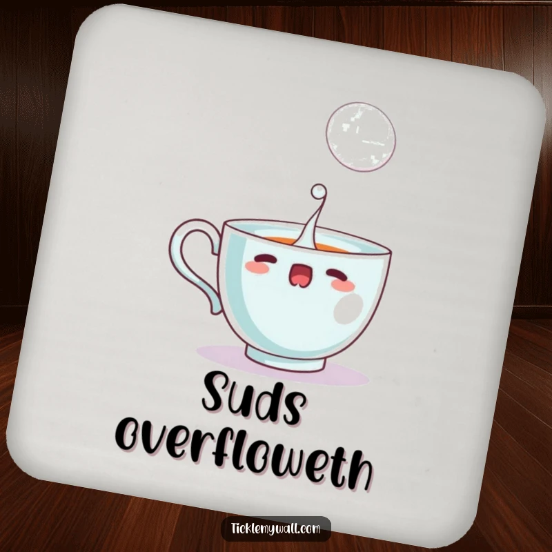 Funny startled teacup spilling a single, large bubble, on a decorative and humorous drink coaster.