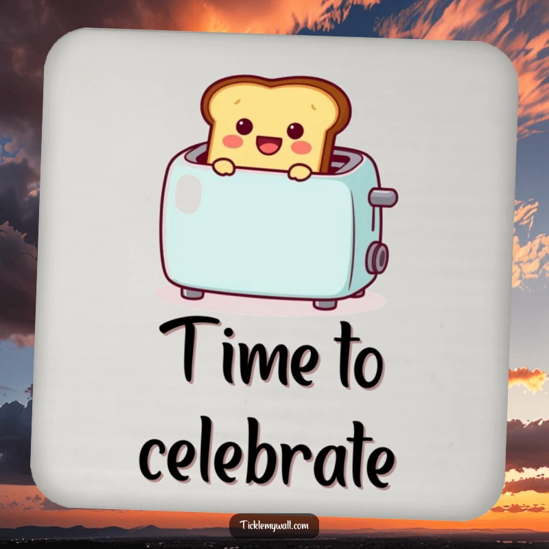 Funny drink coaster featuring cheerful toast popping from a toaster with a 🎉, protecting surfaces with morning humor, a charming funny gift.