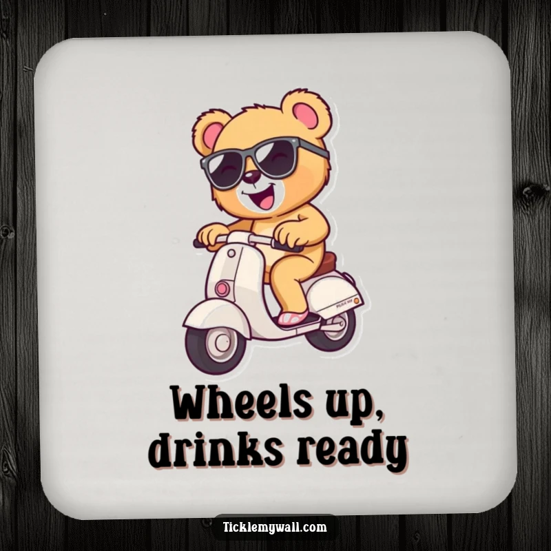 Funny teddy bear with sunglasses riding a miniature scooter, protective drink coaster, perfect for coffee tables and bars.