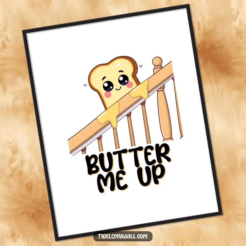 Funny piece of toast with googly eyes sliding down a buttered banister, a humorous and vibrant poster.