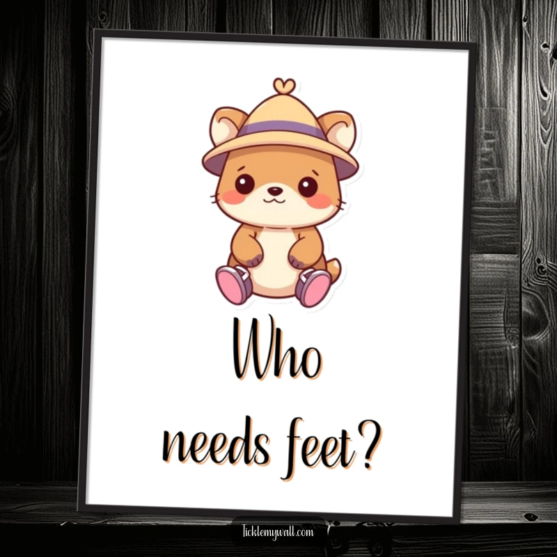 Funny poster depicting a cute animal in a mini hat, hilariously wearing shoes on its hands.