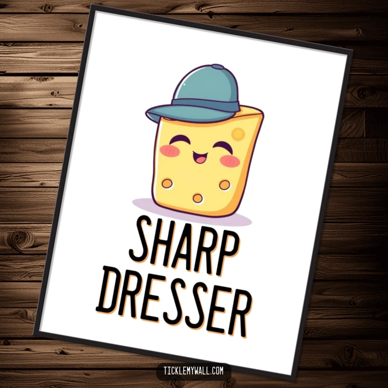 Funny poster depicting a giggling slice of cheese trying on a comically small hat.
