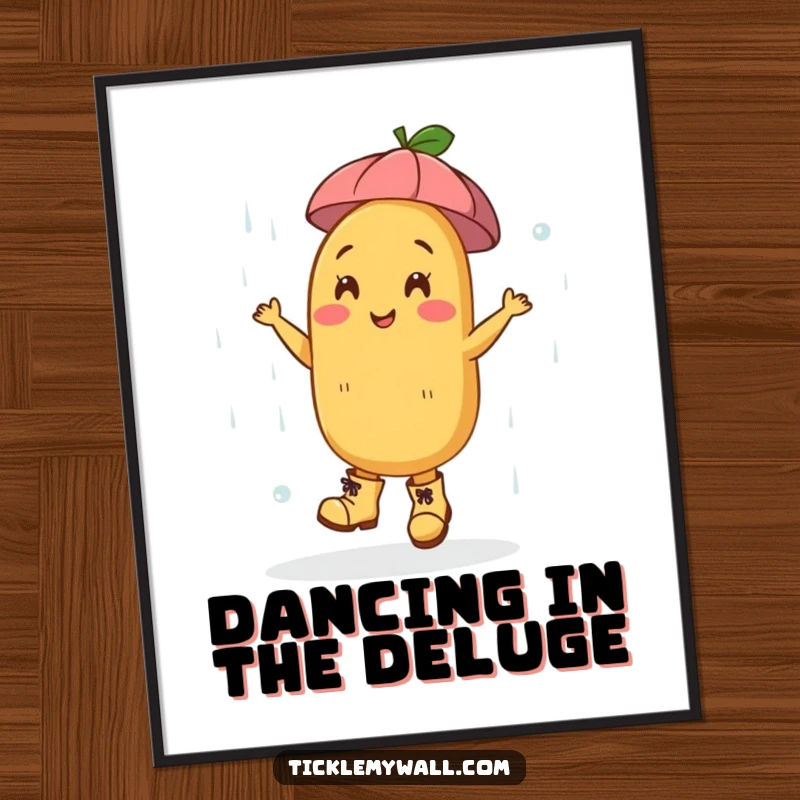 Funny Dancing Potato Boots Rain Poster: A joyful potato in boots dances in the rain, funny wall art.