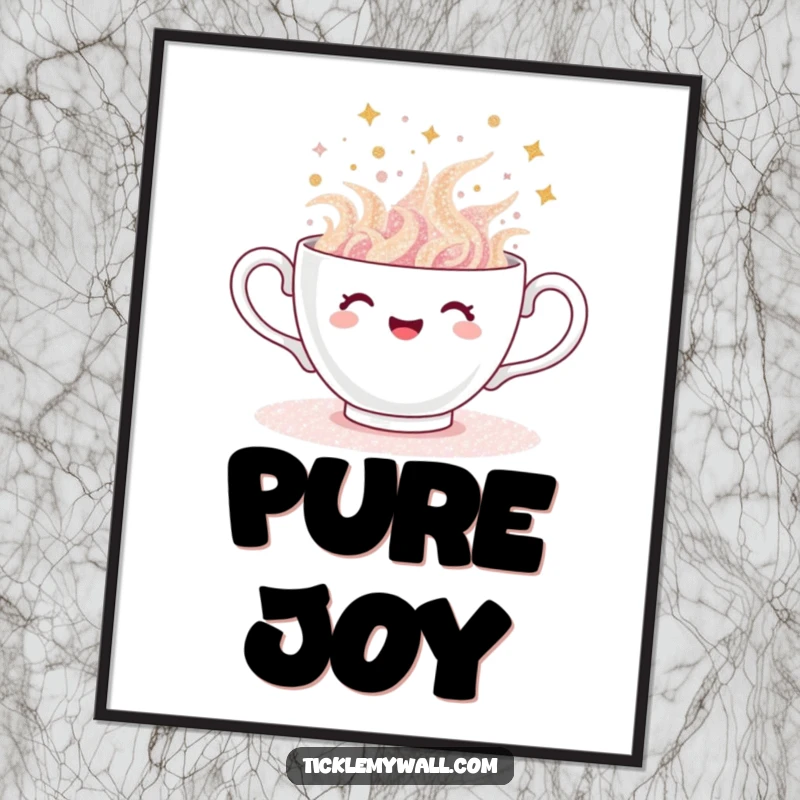 Funny teacup poster, art print of a cup overflowing with glitter, spilling gleefully, happy and vibrant.