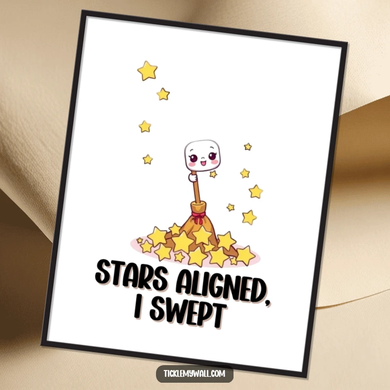 Funny poster art featuring a happy broom joyfully sweeping giggling stars, a whimsical and uplifting piece for wall decoration.