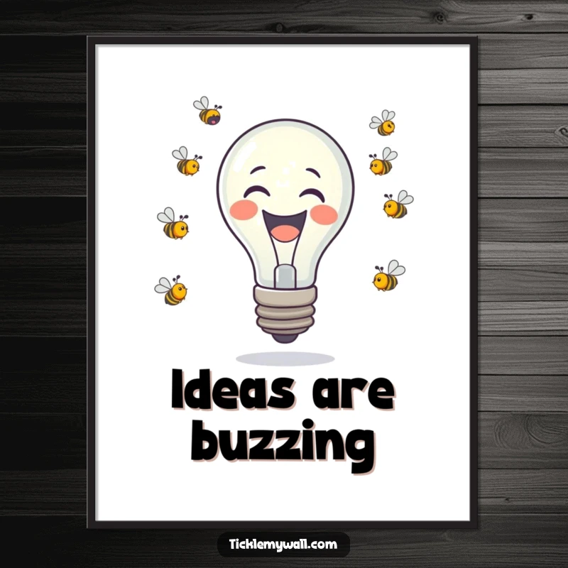 Funny laughing lightbulb juggling tiny buzzing bees, presented as witty wall art for humorous decor.