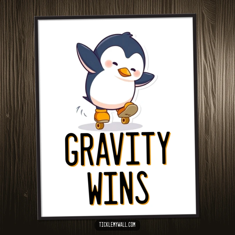 Funny poster art of a penguin comically falling while wearing roller skates. A hilarious and dynamic illustration for any space.