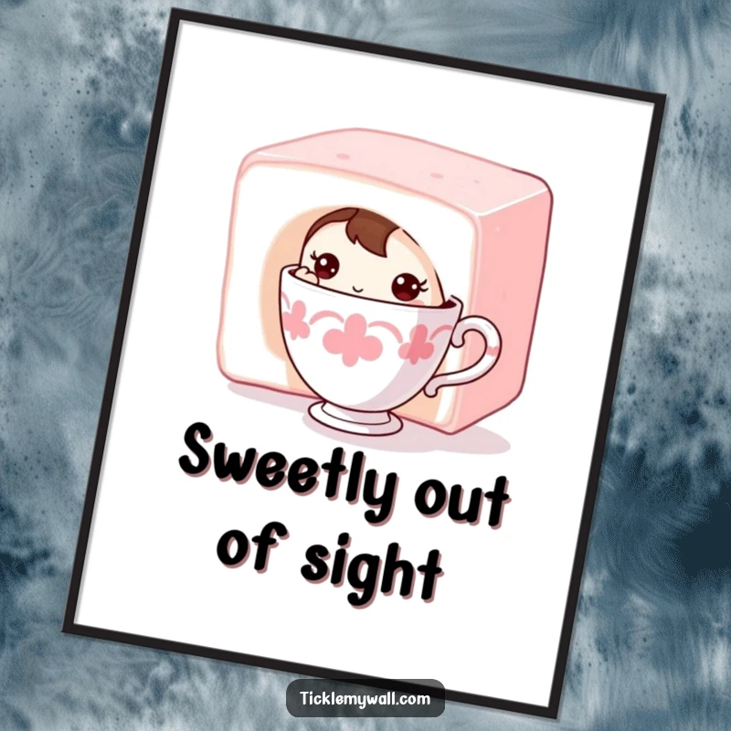 Funny Shy Teacup Poster: A bashful teacup character hiding behind a giant sugar cube, creating a sweet and humorous display.