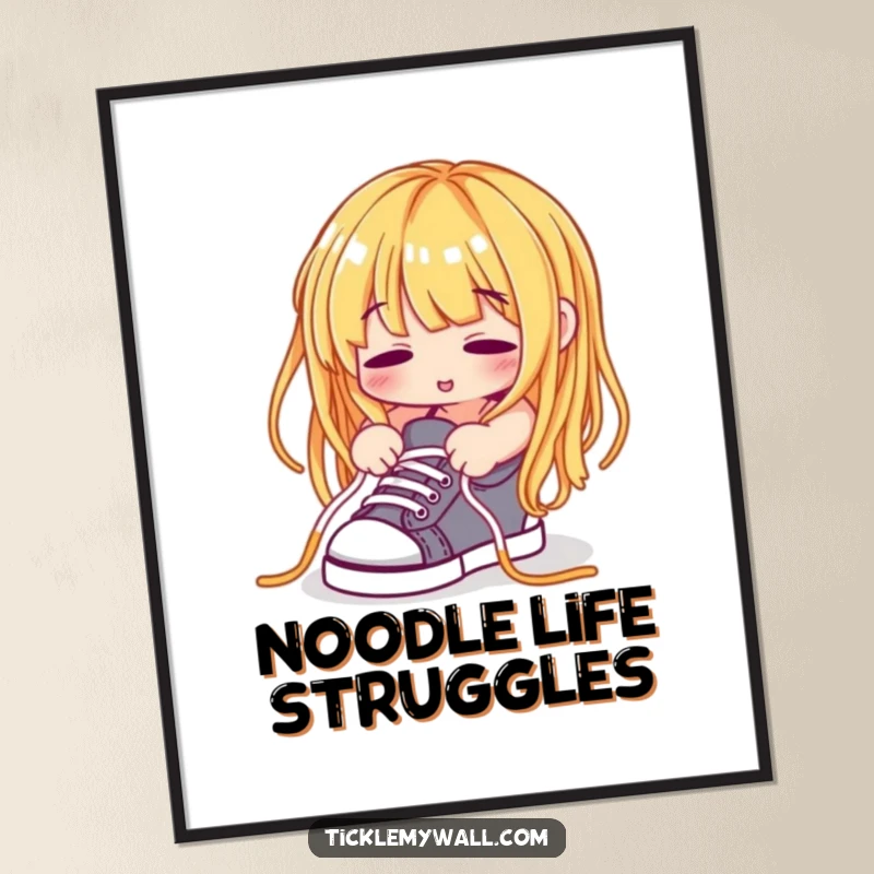 Funny Spaghetti Noodle Poster, a spaghetti strand attempting to tie shoelaces, depicting a comical kitchen scene.