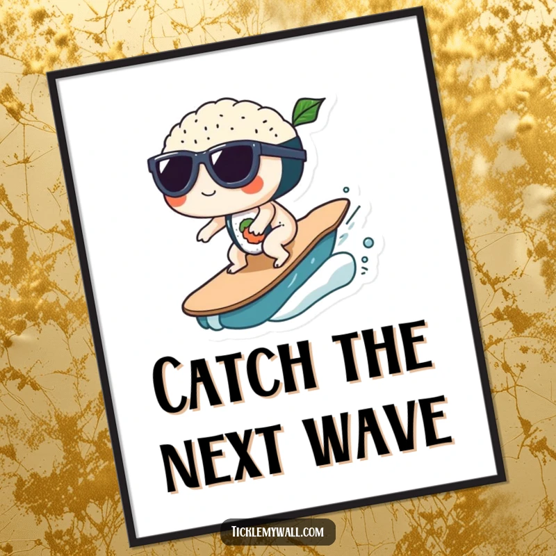 Funny Sushi Wave Sunglasses Poster: Sushi wearing cool sunglasses surfs a wave, a funny tropical art piece.