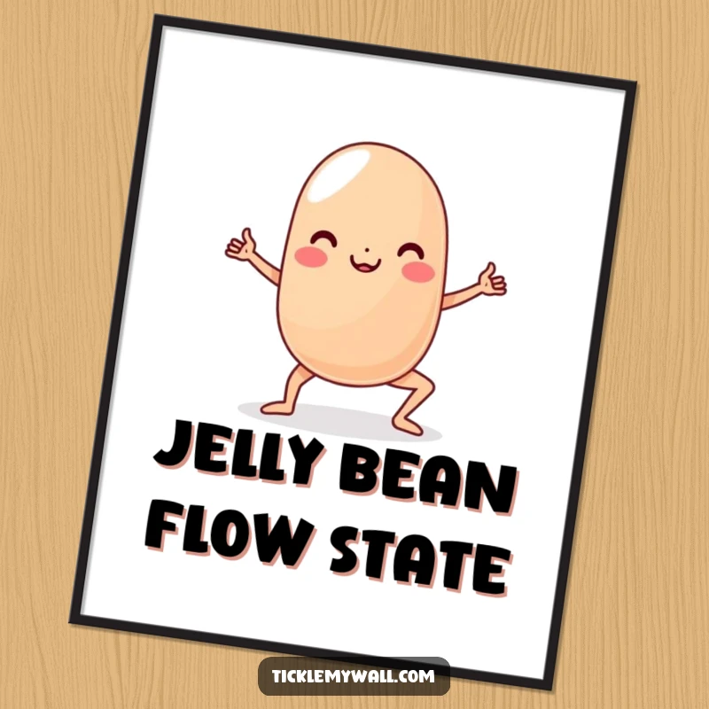 Funny Yoga Jelly Bean Poster: A cheerful, wobbly jelly bean character striking a yoga pose, bringing a humorous vibe to any room.