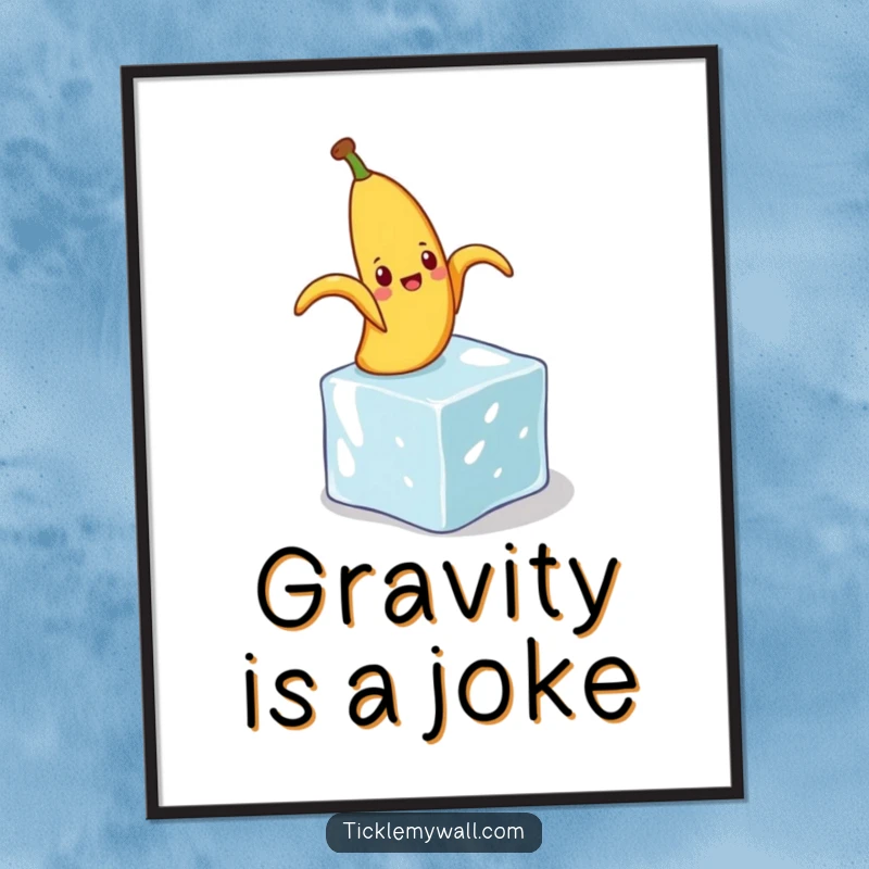 Funny poster depicting a banana peel hilariously slipping on a tiny ice cube, capturing a moment of classic slapstick comedy.