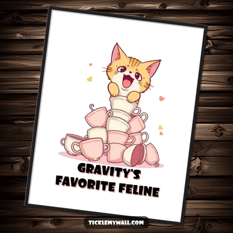 Funny poster featuring a startled cat accidentally toppling a tower of teacups, creating a humorous and artistic scene.