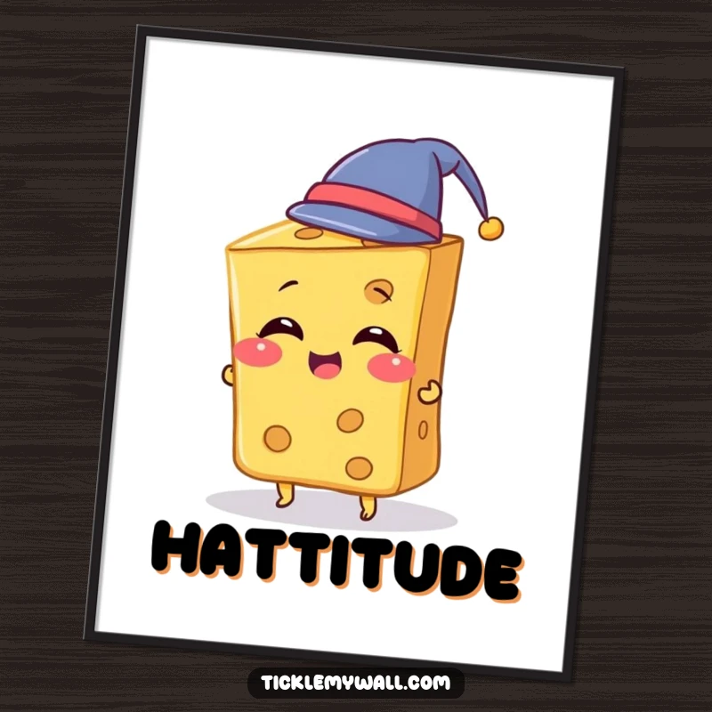 Funny Cheese Poster illustrating a giggling slice of cheese amusingly attempting to wear a tiny hat, creating a whimsical and humorous display.
