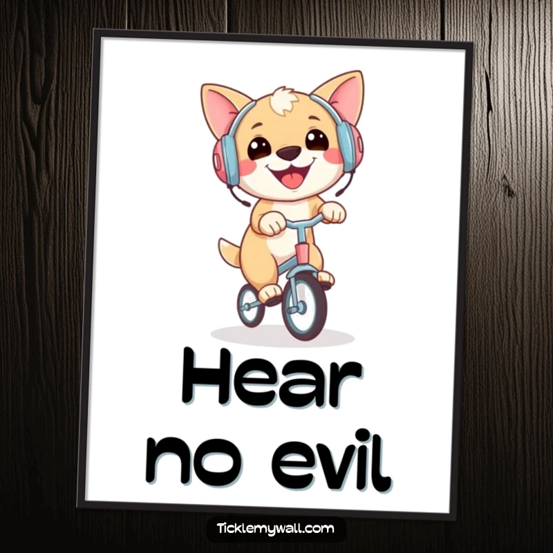 Funny poster depicting a happy dog wearing earmuffs while expertly riding a tiny unicycle, a whimsical and amusing artwork.