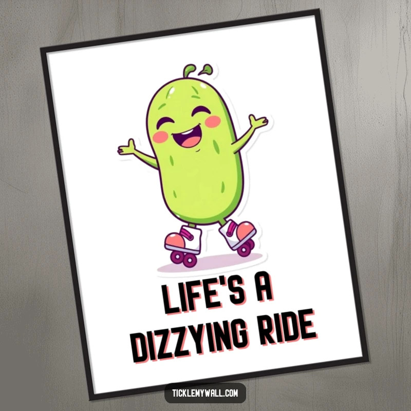 Funny Laughing Pickle Roller Skate Poster: A laughing pickle on skates spins, funny wall art.