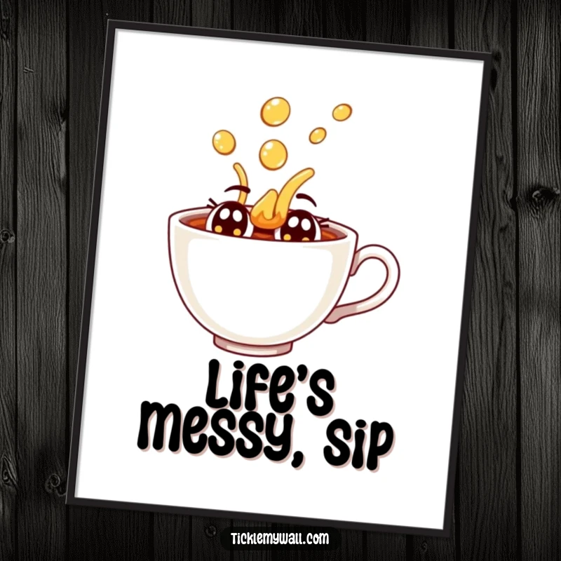 Funny joyful teacup with eyes spilling tea dramatically on a high-quality art poster.