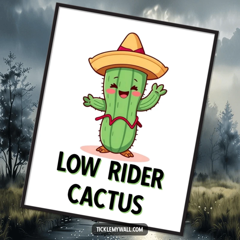Funny Limbo Cactus Poster: A cheerful cactus in a sombrero attempts to limbo, humorous and festive wall art.