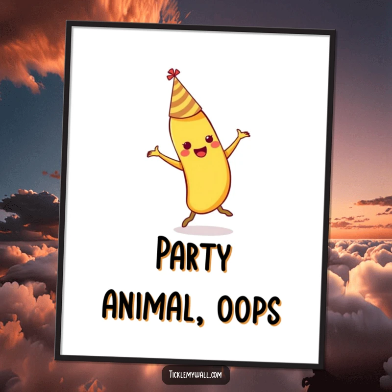 Funny dancing banana wearing a party hat slipping on its own peel on a high-quality art poster.