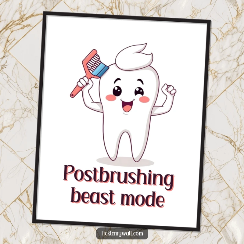 Funny toothbrush flexing cartoon muscles after brushing a giant tooth, displayed as vibrant, humorous wall art for dental enthusiasts.