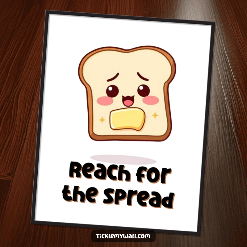 Funny poster of determined toast reaching for butter, symbolizing the relentless pursuit of breakfast and deliciousness.
