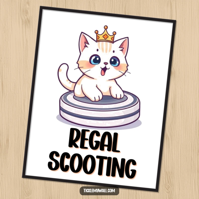 Funny crowned cat surprised while riding a Roomba, a humorous and regal poster for home or office decor.