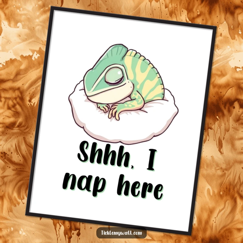 Funny Chameleon Pillow Poster, a chameleon expertly camouflaged as a fluffy pillow, loudly snoring, humorous wall decor.