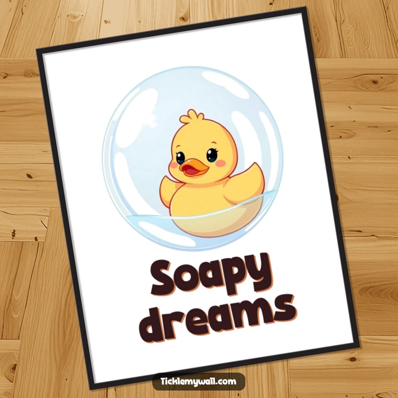 Funny poster art of a rubber ducky trapped inside a large bubble. A comical and whimsical illustration for bathroom decor.