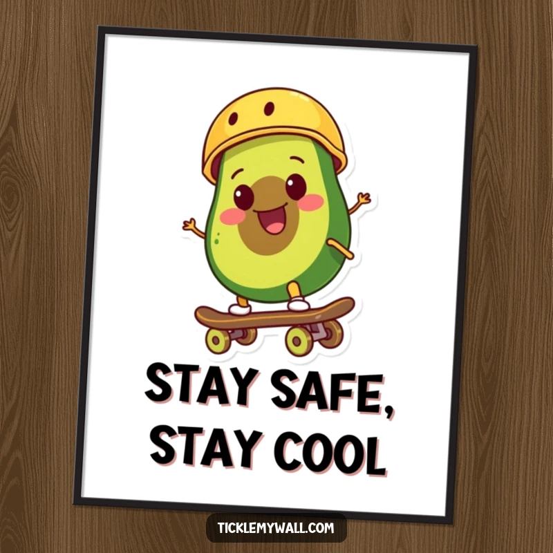 Funny smiling avocado wearing a tiny helmet rides a skateboard with a cool, determined expression on a high-quality art poster.