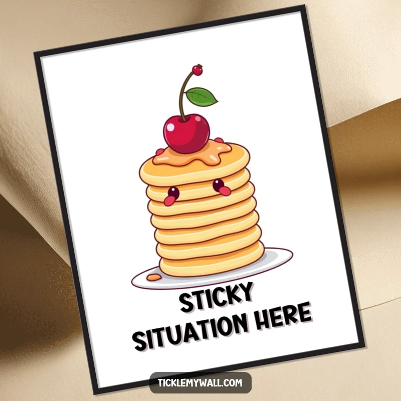 Funny wobbly stack of pancakes attempting to balance a cherry, displayed as a humorous art poster for wall decoration.