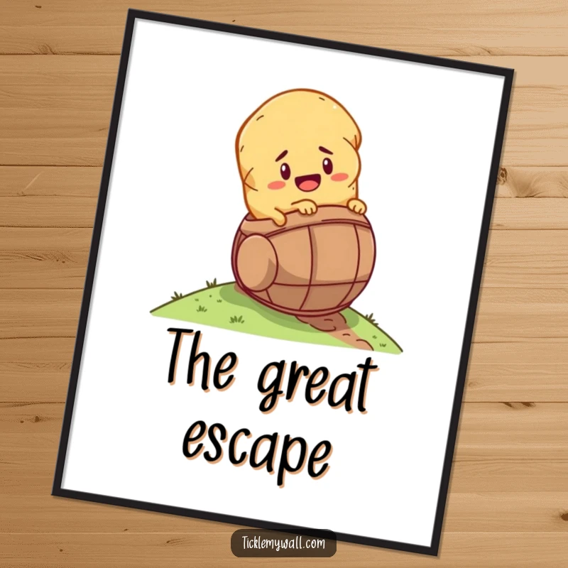 Funny determined potato rolling down a hill inside a tiny barrel, depicted as dynamic wall art for humorous decor.