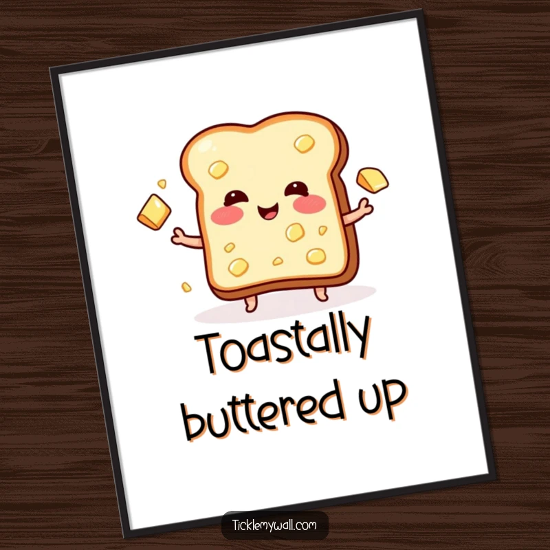 Funny poster displaying a blushing piece of toast with immense joy, skillfully juggling several pats of butter. A comical breakfast illustration.