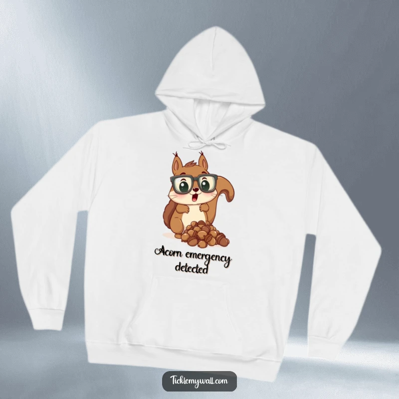 Funny hoodie depicting a surprised squirrel wearing oversized glasses, dropping a pile of acorns, exuding humor.