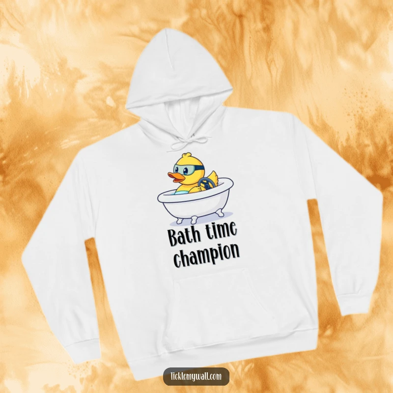 Funny hoodie depicting a rubber duck aggressively piloting a bathtub like a race car, emphasizing speed and fun.