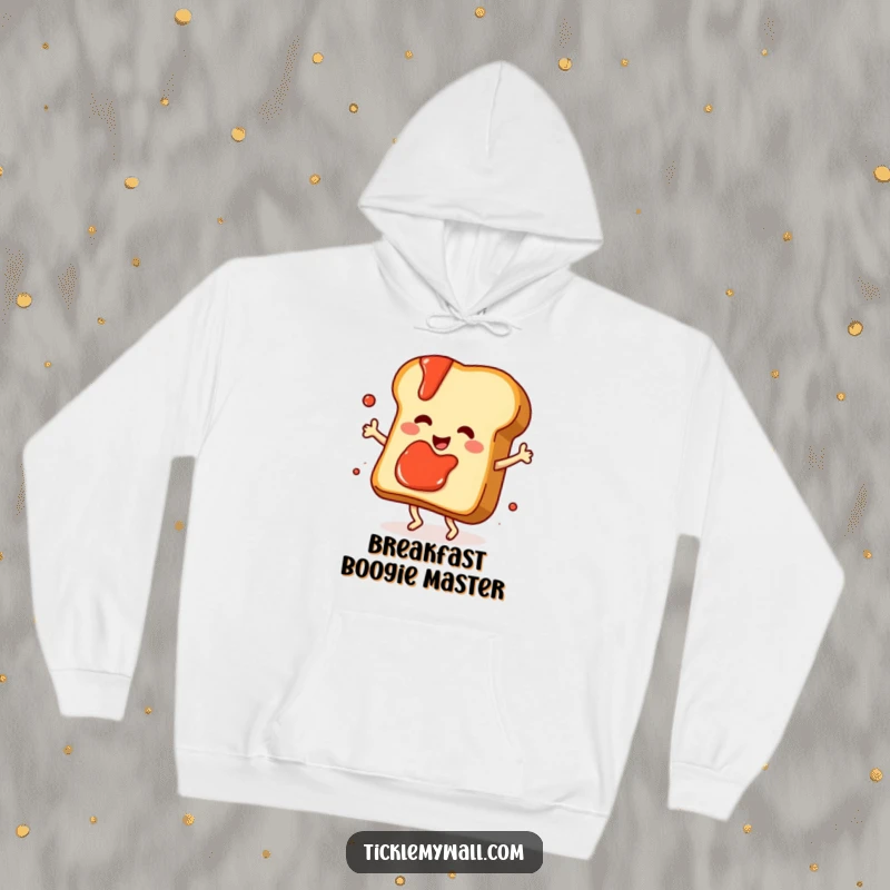 Funny dancing slice of toast with jam splattering playfully, featured on a soft hoodie for cozy, humorous wear.